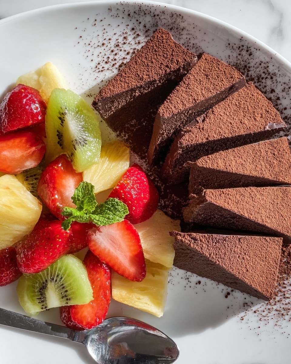 This dish shows a white plate holding a colorful mix of fresh fruit on one side, including red strawberries, green kiwi slices, and yellow pineapple chunks, all with a small bright green mint leaf on top. Next to the fruit, there are many thin, triangular pieces of dark chocolate dusted with cocoa powder, arranged in a slightly overlapping pattern. The white plate sits on a white marbled surface with a metal spoon partially visible at the bottom right corner. The scene is lit by bright natural light, highlighting the rich colors and textures. photo taken with an iphone --ar 4:5 --v 7