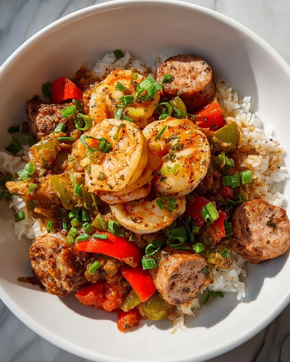 A white bowl sits on a white marbled surface filled with white rice as the bottom layer. On top of the rice is a mix of cooked vegetables in a thick, reddish-brown sauce, including diced green and red peppers. Scattered around are pieces of seasoned, cooked chicken that are light brown with specks of black pepper, and two slices of browned sausage. In the center, four golden-brown shrimp are placed, garnished with chopped green onions and small green parsley leaves. The dish is vibrant with colors of white, red, green, and light brown. Photo taken with an iphone --ar 4:5 --v 7