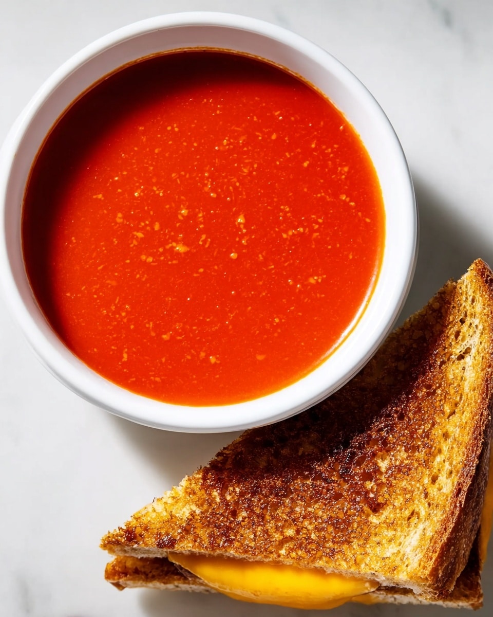 The image shows a close-up of a bowl filled with smooth, bright red tomato soup, with a slightly glossy surface and a few tiny bubbles giving it texture. The bowl is white and round, placed on a surface with a white marbled texture. Next to the bowl, there is a grilled cheese sandwich cut into two triangular halves, showing layers of crispy golden-brown toasted bread with melted, bright yellow cheese slightly oozing out from between the slices. Photo taken with an iphone --ar 4:5 --v 7