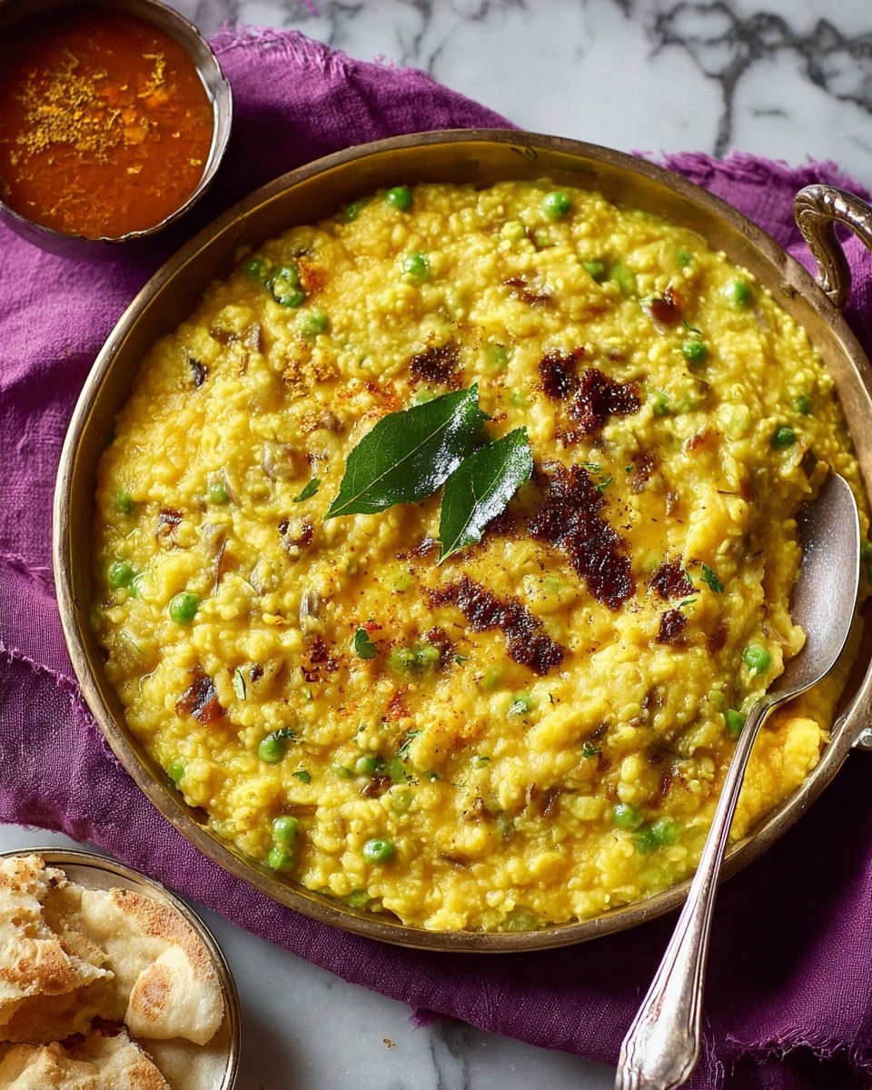 A bowl filled with thick, yellow lentil curry mixed with soft green peas and small chunks of orange carrots, topped with dark brown cumin seeds and a single green bay leaf placed near the center. The dish has a slightly grainy texture from the lentils with a few shiny spots from oil or ghee. A silver spoon rests on the right side of the bowl, partially dipped into the curry. The bowl is placed on a bright purple cloth on a white marbled surface, with a small container of sauce and some thin, crispy flatbread pieces nearby. Photo taken with an iphone --ar 4:5 --v 7