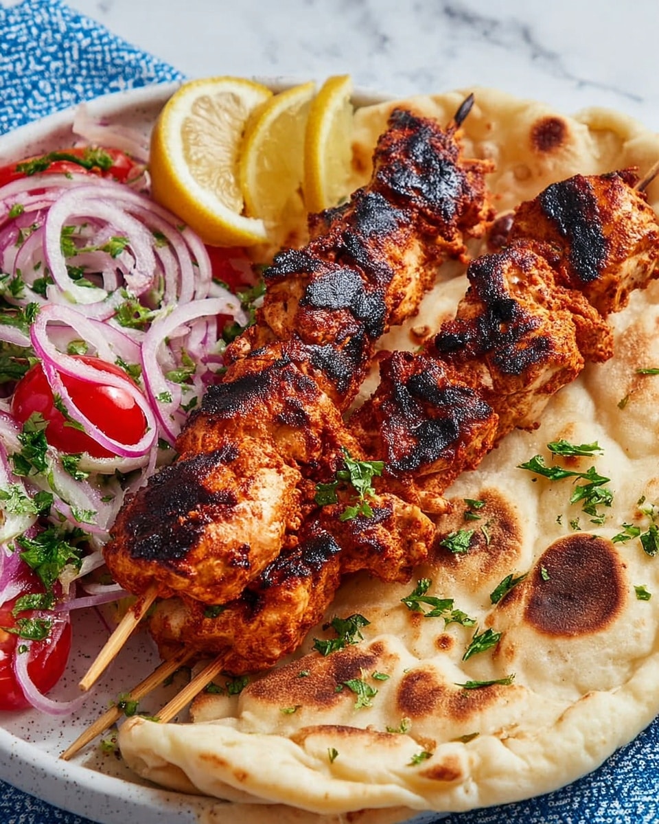 This image shows a meal with two layers of grilled chicken pieces on white flatbread with brown charred spots, placed on a white plate on a white marbled texture. The grilled chicken is reddish-brown with dark grill marks and some pieces are slightly broken, revealing the cooked white meat inside. Each flatbread is round and soft with uneven edges. On the side of the plate, there are thin slices of red onion, red tomato slices, and fresh green parsley leaves scattered around. Two lemon wedges with a pale yellow color rest on top of the flatbread close to the chicken. The background has a blue and white textured cloth beneath the plate. photo taken with an iphone --ar 4:5 --v 7