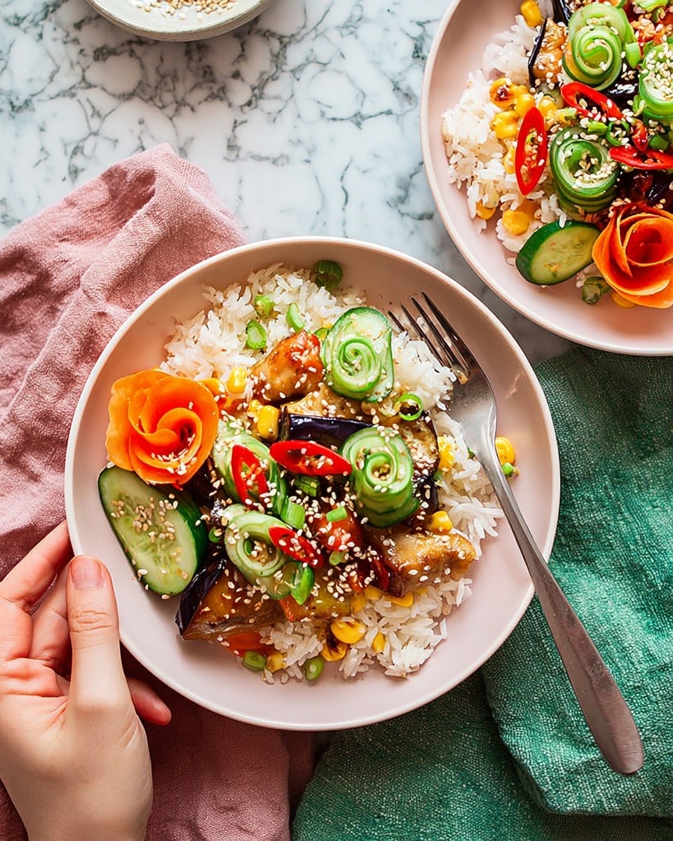 The image shows two white bowls filled with a colorful rice salad placed on a white marbled surface. Each bowl has three visible layers: the bottom layer is white rice mixed with small yellow corn kernels, the middle layer contains chunks of light brown grilled chicken and dark purple eggplant pieces, while the top layer is decorated with thin, curled orange carrot ribbons, bright red cherry tomato halves, and long green slices of cucumber curled into loops. Scattered on top are small green onion slices and white sesame seeds, adding texture and contrast. A woman's hand holding a fork is reaching into the left bowl, which is placed on a green napkin atop a pink textured cloth beside the right bowl. Photo taken with an iphone --ar 4:5 --v 7