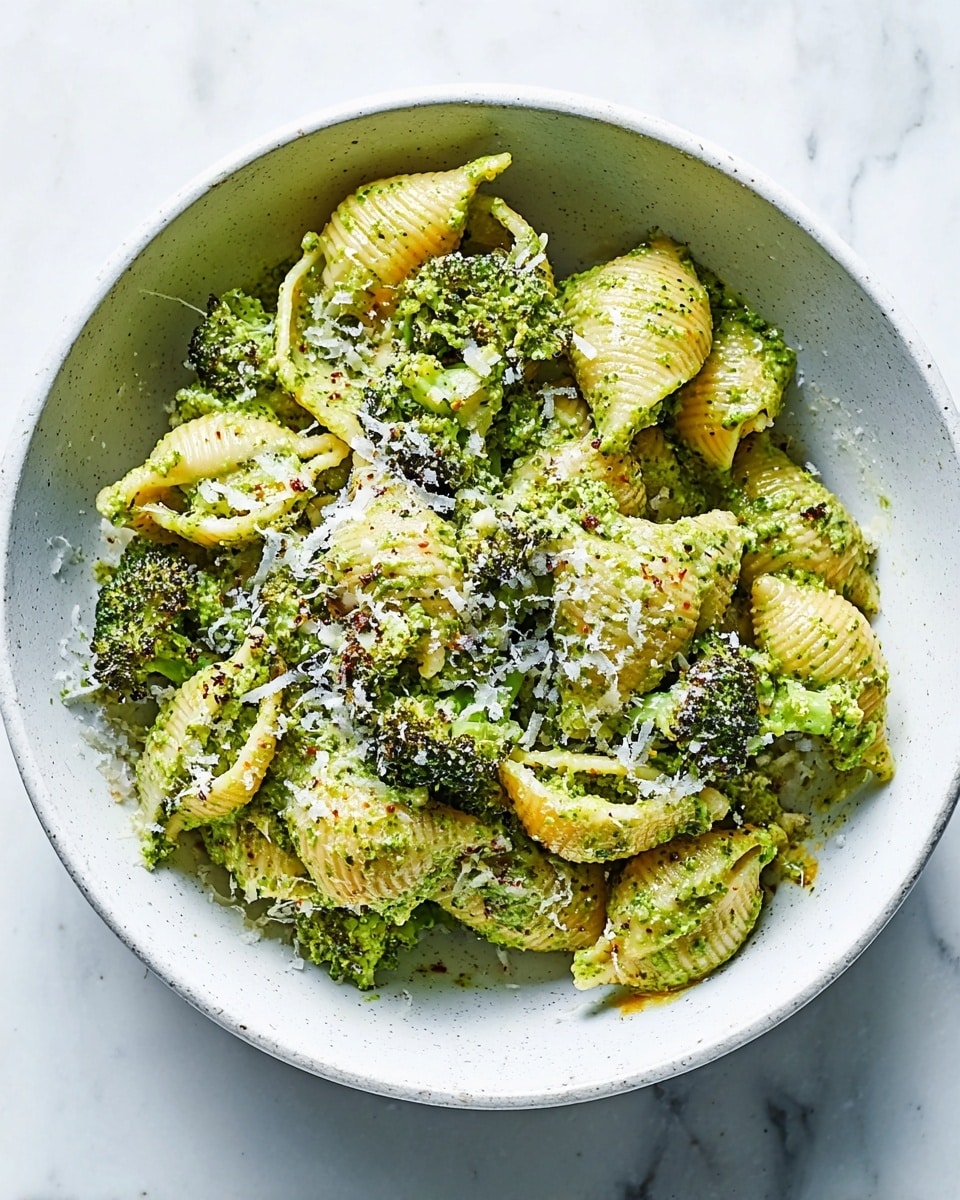 A white bowl filled with pasta shells coated in green pesto sauce, mixed with small bright green broccoli florets scattered evenly. The pasta looks soft and the pesto sauce has a slightly coarse texture. On top, there is a light sprinkling of finely grated white cheese, adding a delicate texture contrast. The bowl is placed on a white marbled surface, creating a clean and fresh look. photo taken with an iphone --ar 4:5 --v 7