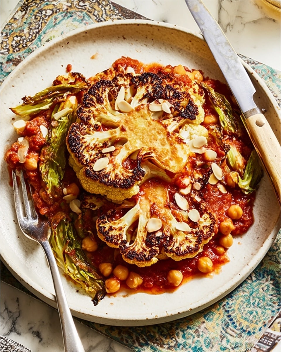 A white plate holds a dish with two thick, round slices of grilled cauliflower, browned and crispy on the edges, placed on top of a rich, chunky red tomato sauce with visible chickpeas scattered throughout. Bright green grilled lettuce pieces are tucked around the cauliflower, lightly charred and wilted. Thin, pale almond slices are sprinkled over the top, adding texture. A silver fork rests on the left side of the plate with its tines down in the sauce. The plate is set on a patterned cloth over a white marbled surface. Photo taken with an iphone --ar 4:5 --v 7