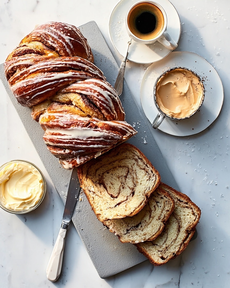 The image shows a tall loaf of twisted bread with a marbled pattern of light and dark brown colors, sliced into several pieces stacked on the right side of a rectangular slate board placed on a white marbled surface. Next to the bread, on the left side of the board, there is a slice of bread spread with a light cream-colored spread, and below it, a small bowl filled with the same creamy spread with a butter knife resting inside. At the top left corner of the board, a white cup with a small amount of espresso sits on a matching white saucer with a small spoon resting on the saucer’s edge. The overall colors are warm with shades of brown and cream. photo taken with an iphone --ar 4:5 --v 7