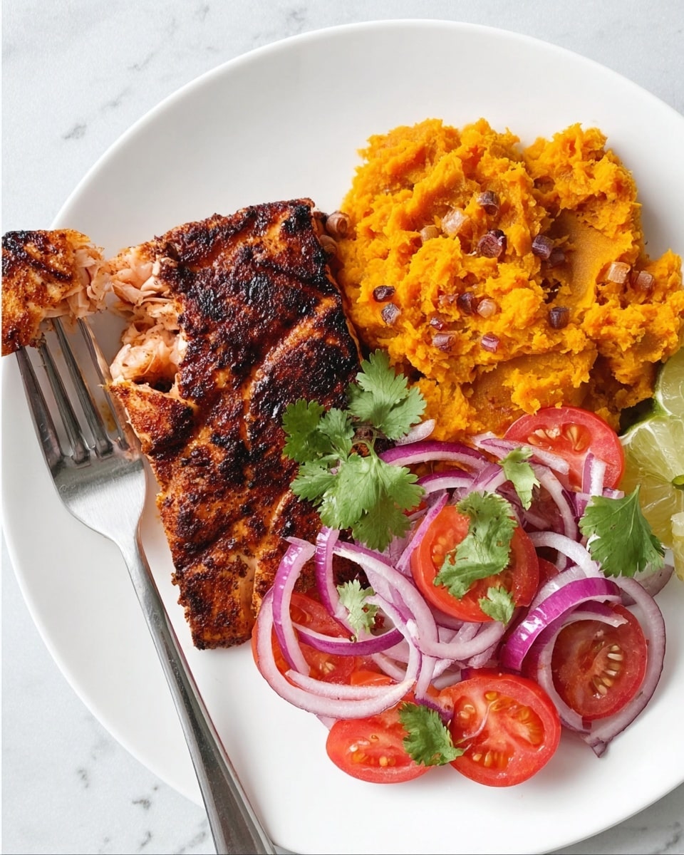 A white plate with three main parts: a top layer of grilled fish with a dark red and brown color with grill marks, a right-side scoop of mashed orange sweet potatoes with small red bits mixed in, and a bottom-side fresh salad made of sliced red onions, chopped red tomatoes, and green cilantro leaves. A silver fork is placed on the left side of the plate with a woman's hand holding the fork. The whole plate is set on a white marbled surface. photo taken with an iphone --ar 4:5 --v 7