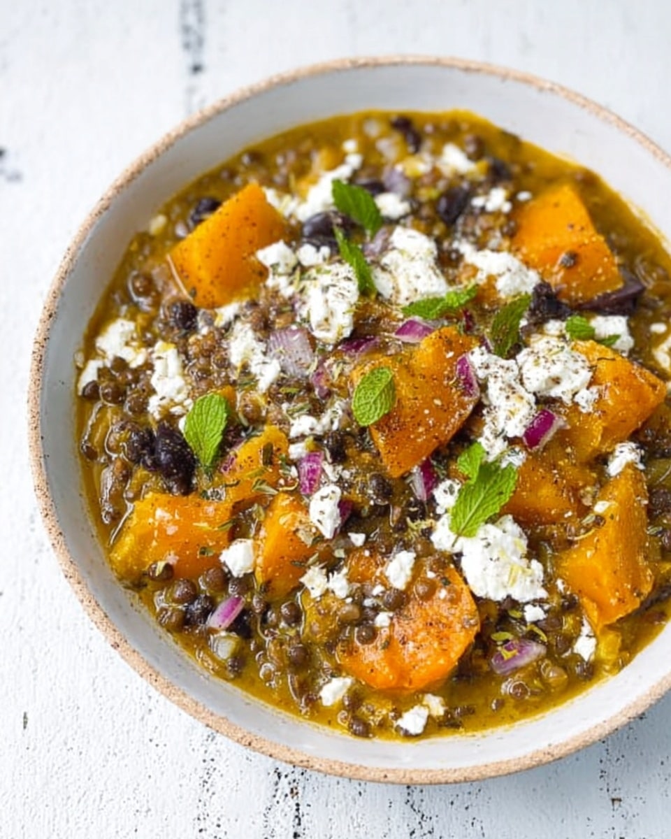A white bowl filled with a thick stew showing three main layers: the bottom layer with a creamy brown sauce mixed with grains, the middle layer consisting of large orange pieces of squash or pumpkin, and the top layer decorated with small white cheese crumbles, dark berries, fresh green mint leaves, and bits of purple onion, all placed on a white marbled surface. photo taken with an iphone --ar 4:5 --v 7