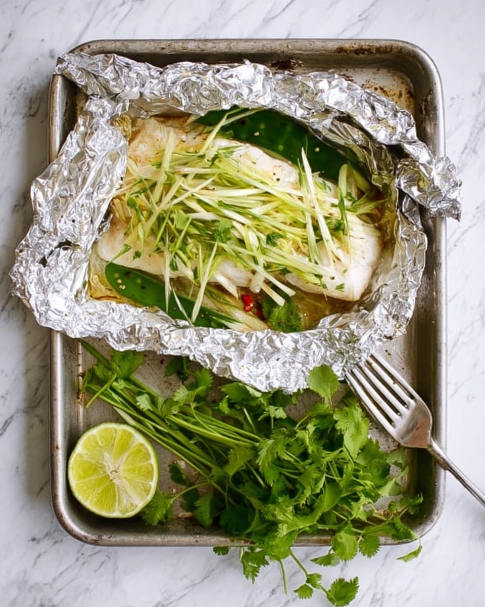 A cooked white fish fillet sits open in shiny aluminum foil on a silver baking tray with a white marbled surface beneath. The fish is topped with thin, bright green strips of sliced vegetables and light yellow ginger strips spread evenly. Under the fish, there are dark green leaves that add color contrast. On the side of the foil, two lime halves show their juicy, bright green inside. A silver fork lies near the lime on the tray, and a small bunch of fresh green herbs rests on the right edge of the tray. photo taken with an iphone --ar 4:5 --v 7