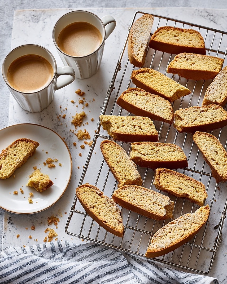 The image shows a white plate with a single broken biscotti cookie and crumbs on it, placed on a white marbled surface. Next to the plate are two ceramic cups, one smaller cup filled with espresso and the larger one filled with a foamy latte, both with a creamy color and smooth texture. To the right, a metal cooling rack holds around sixteen golden-brown biscotti slices arranged loosely in rows, resting on a metal sheet tray with a blue and white striped cloth underneath. The biscotti have a crunchy, crumbly texture with rough edges. Photo taken with an iphone --ar 4:5 --v 7