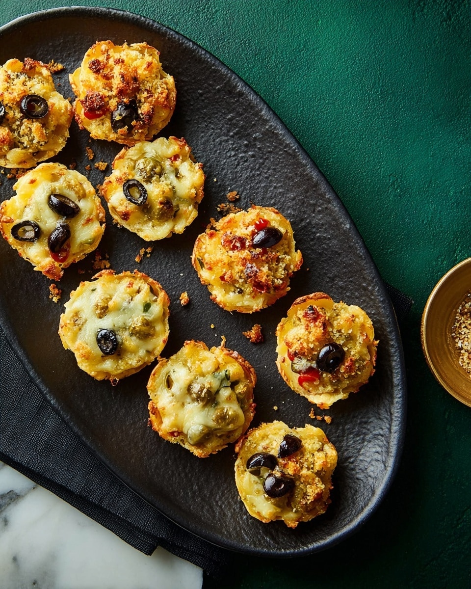 There is a white oval plate filled with eleven small, round baked mini pizzas. Each mini pizza has a golden-brown crust base topped with melted cheese that is slightly browned, giving a gooey and crispy look. Scattered on the cheese are black olive slices, small bits of green herbs, and some have a crunchy golden breadcrumb topping. The plate rests on a dark, textured cloth over a white marbled surface partially visible in the corner. photo taken with an iphone --ar 4:5 --v 7