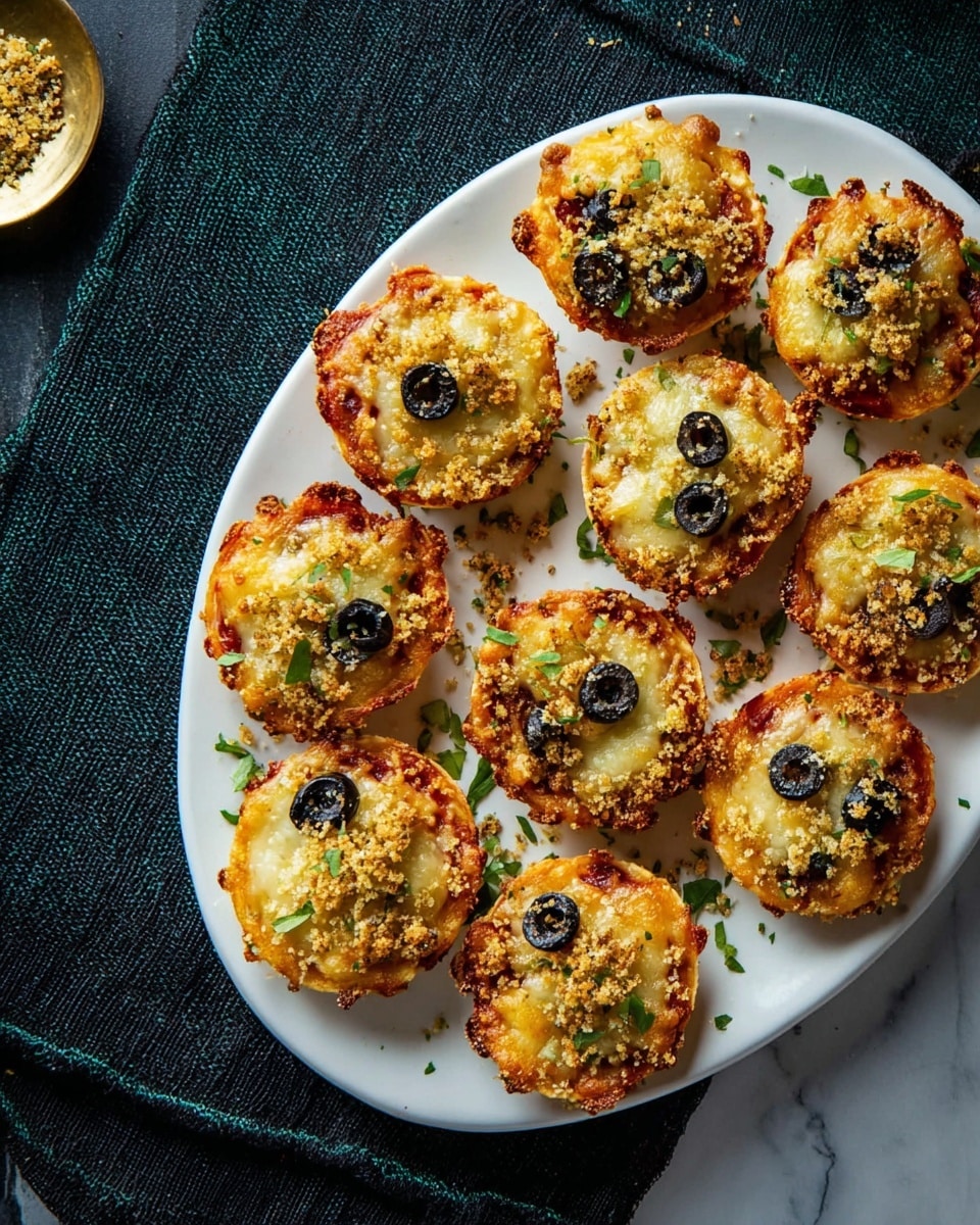 A black oval plate holds eleven small round baked snacks arranged loosely. Each mini snack has a base layer of golden-baked dough or mashed potato, topped with a mix of dark sliced olives and small bits of red and green vegetables. Some have a crumbly golden-brown topping, while others are covered with melted pale yellow cheese that has browned spots. The details show crispy textures with a mix of soft and crunchy layers. The plate rests on a dark cloth next to a soft green surface and a white marbled background is partly visible. photo taken with an iphone --ar 4:5 --v 7