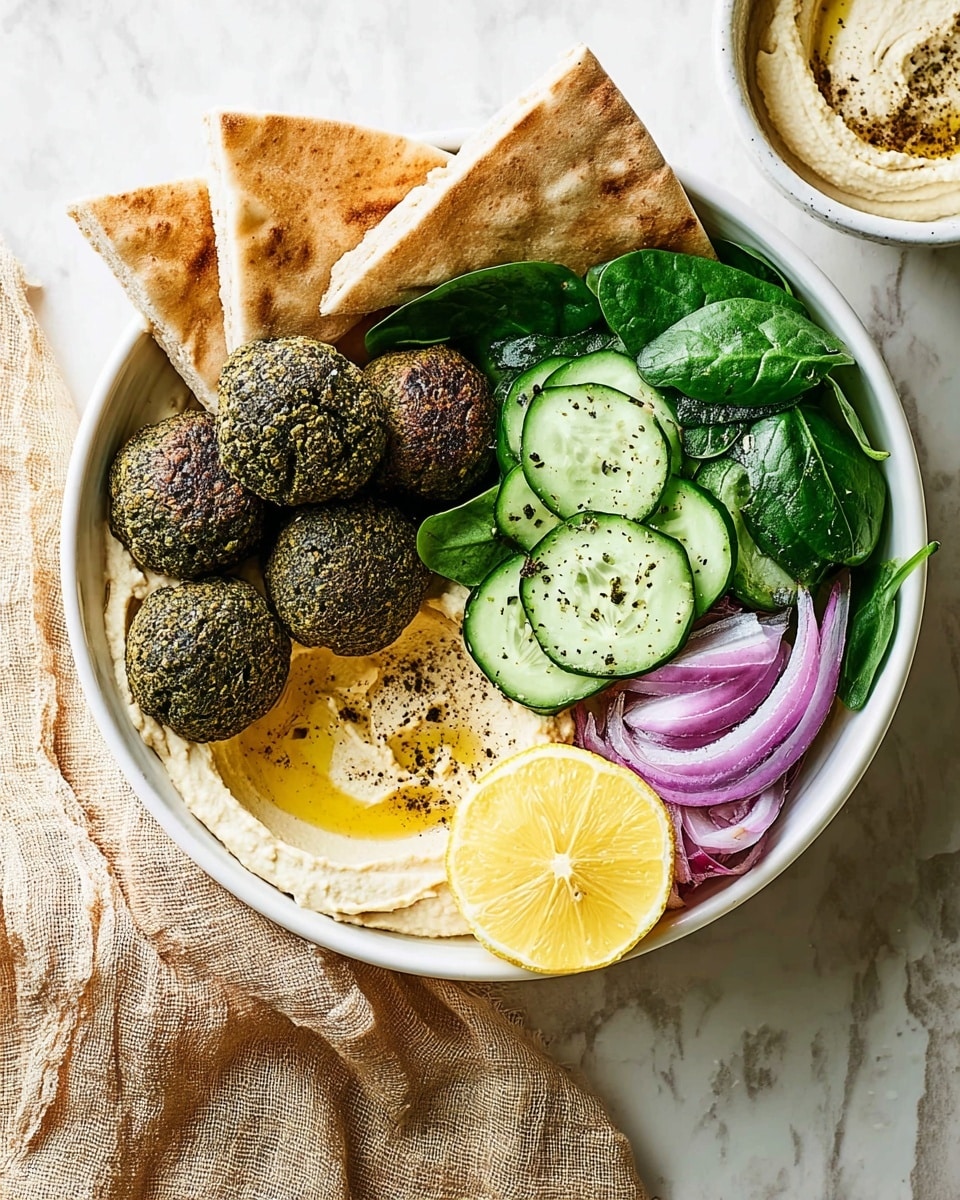 A white bowl contains five dark green falafel patties arranged on one side, slightly overlapping each other. Below them is a creamy, smooth layer of light beige hummus drizzled with olive oil and sprinkled with black pepper. Next to the falafel is a small stack of three long pieces of toasted flatbread, light brown with a crisp texture. On the other side of the bowl is fresh green spinach and light green cucumber slices with some black pepper on top. A small pile of thinly sliced purple and white onions is placed between the hummus and vegetables. A lemon half, bright yellow and juicy, sits at the edge near the greens. The bowl is set on a white marbled surface with a hint of a white cloth to the side. Photo taken with an iphone --ar 4:5 --v 7
