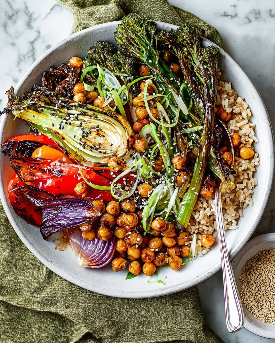 A bowl with a base layer of cooked brown rice, topped with roasted chickpeas scattered over it. On top, multiple layers of grilled vegetables: dark green broccolini on the right side, grilled red bell pepper strips towards the center, and roasted purple onion wedges on the left side. Charred bok choy pieces are placed near the bottom edge, with some overlapping the rice. Thin white onion slices and green scallions add a fresh look towards the center. The whole dish is sprinkled with white and black sesame seeds. A silver fork rests inside the bowl on the left side, with a light olive green cloth nearby, and the background is a white marbled texture. photo taken with an iphone --ar 4:5 --v 7