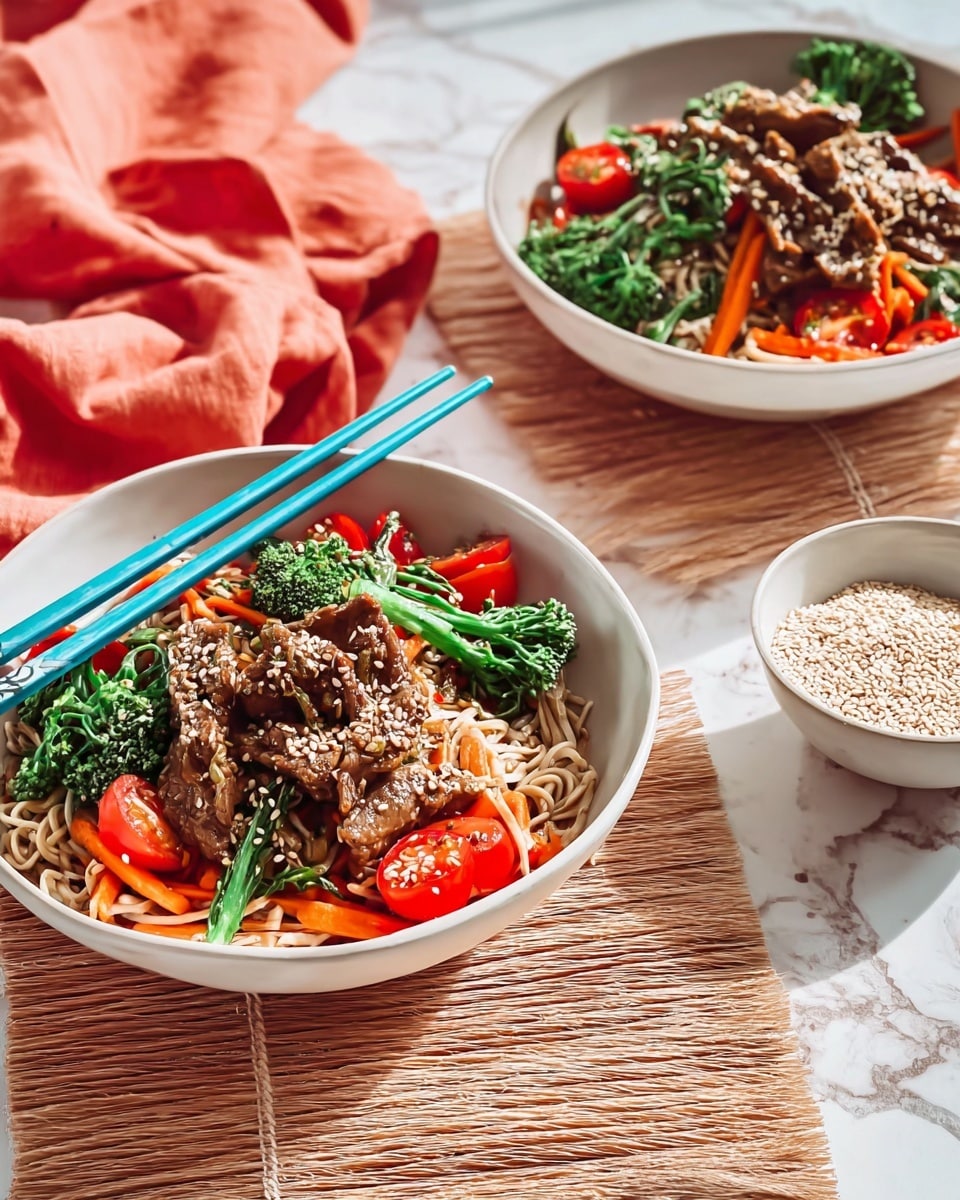 Two white bowls are filled with a layered noodle dish. The bottom layer contains light brown noodles mixed with thin orange carrot sticks and green broccoli pieces. The next layer has bright red tomato wedges around the edges. On top, there are several pieces of cooked brown meat sprinkled with white sesame seeds. Bright blue chopsticks rest on one bowl, placed on a light bamboo mat, with a small white bowl of sesame seeds and a coral cloth nearby. The scene is set on a white marbled surface. photo taken with an iphone --ar 4:5 --v 7