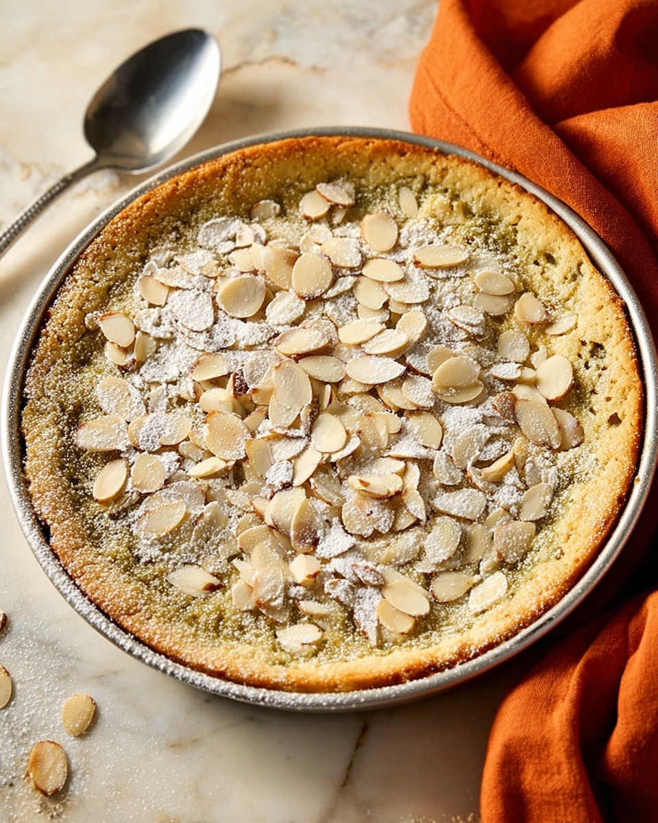 A round tart in a white dish, filled with a golden brown baked layer that looks soft and slightly puffed, with light green pieces showing through underneath. The top is sprinkled with many thin, off-white almond slices and dusted with a fine white powder, likely powdered sugar. The tart edges are lightly browned and slightly raised from the dish. It sits on a white marbled surface with an orange cloth softly folding in the background, and a silver spatula beside it. photo taken with an iphone --ar 4:5 --v 7