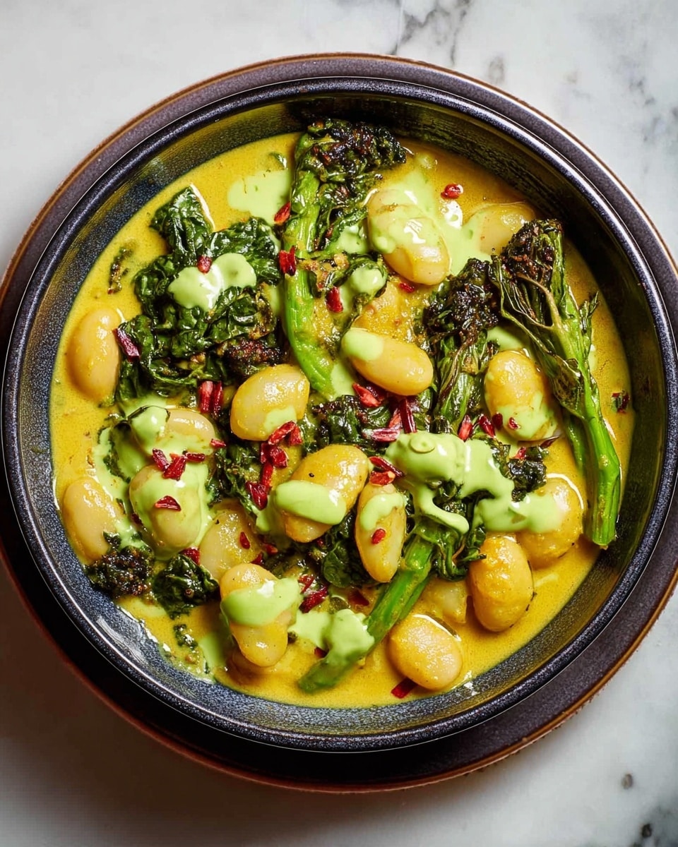 A bowl filled with a creamy yellow curry that creates the base layer, topped with large oval beige beans scattered throughout. On top of the beans, there are bright green kale leaves adding texture and color contrast. Drizzled on top is a vibrant green sauce that pools over some beans and kale, along with tiny reddish-brown mustard seeds sprinkled evenly across the dish. The bowl is black, resting on a white plate, with the whole setup placed on a white marbled surface with a red checkered cloth partially visible under the plate. photo taken with an iphone --ar 4:5 --v 7