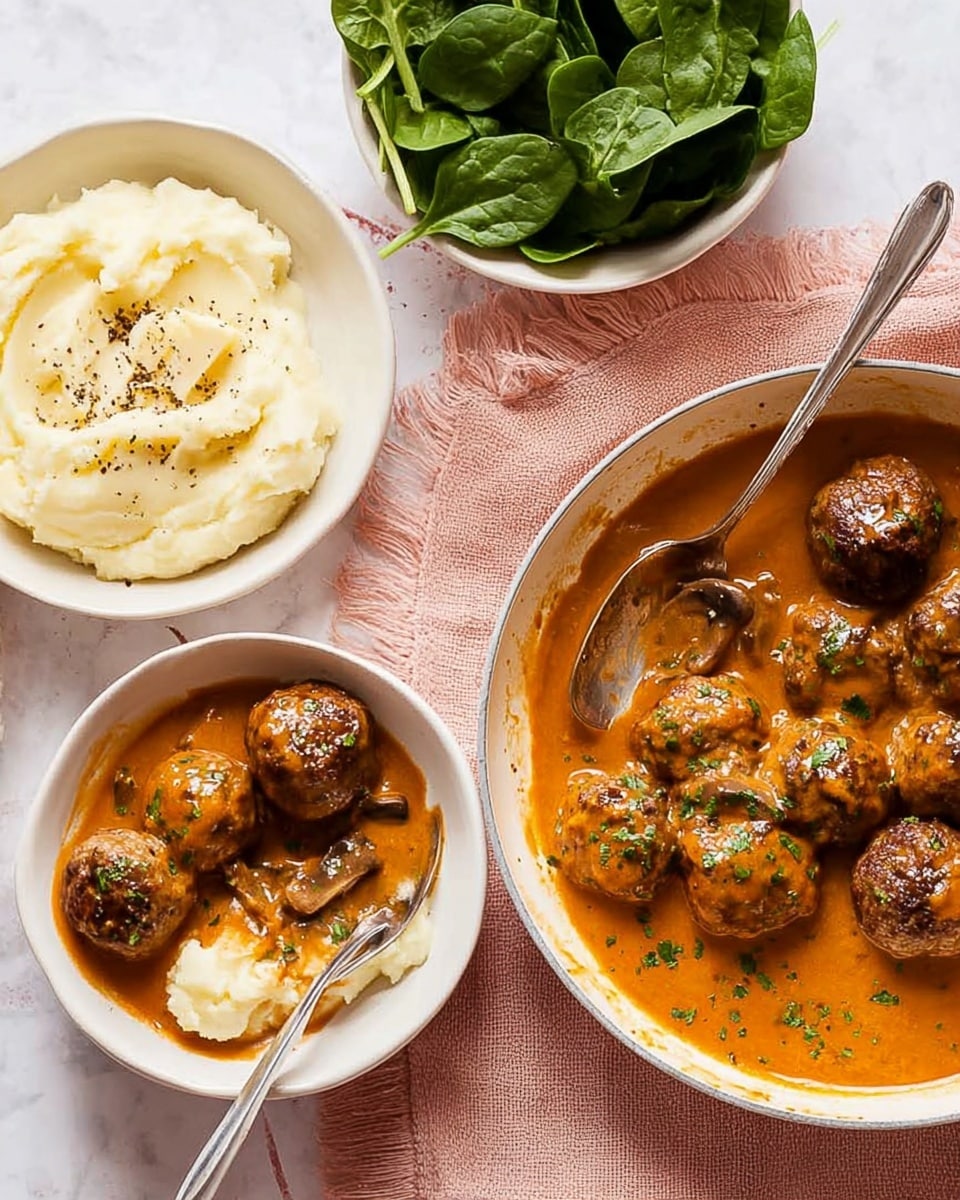 The image shows a bowl of white mashed potatoes on the left side with three brown meatballs on top covered in orange-brown mushroom sauce, garnished with small green herbs. Next to it is a large pan filled with the same orange-brown mushroom sauce and more meatballs, with a silver spoon resting inside the pan. Above the bowl is another white bowl filled with fresh green spinach leaves. In the top right corner, there is a white bowl with creamy mashed potatoes topped with a small piece of melting butter and a sprinkle of black pepper. The pink cloth underneath is replaced with a white marbled texture surface. Photo taken with an iphone --ar 4:5 --v 7