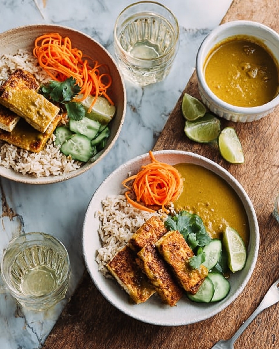 The image shows two white bowls filled with cooked rice at the bottom, topped with thick, golden brown fried pieces of tofu arranged in two layers. On one side of each bowl, there are neat, curled orange carrot ribbons, and on the other side, fresh green cucumber slices. The tofu is covered partially with a rich, thick yellow curry sauce. A few green cilantro leaves are scattered on top for garnish. Next to the bowls, there is a white bowl containing more of the yellow curry sauce. Two clear glasses of water sit nearby on a worn wooden surface. The setting also includes a white fork and two lime wedges. The background is changed to a white marbled texture. photo taken with an iphone --ar 4:5 --v 7