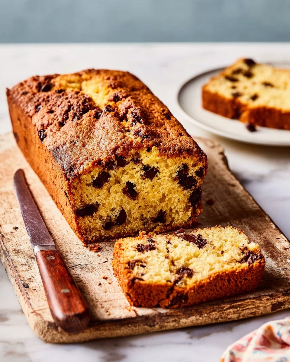 A loaf of golden-brown cake with a rough, slightly cracked top sits on a worn wooden board placed on a white marbled surface. The loaf is cut to show one thick slice in the front, revealing a soft, light yellow inside dotted with irregular chunks of dark chocolate, giving a mix of creamy and rich textures. Next to the loaf on the right is a large knife with a wooden handle, resting on the board with some crumbs around it. In the background to the left, a single slice of the same cake lies on a clean white plate. photo taken with an iphone --ar 4:5 --v 7