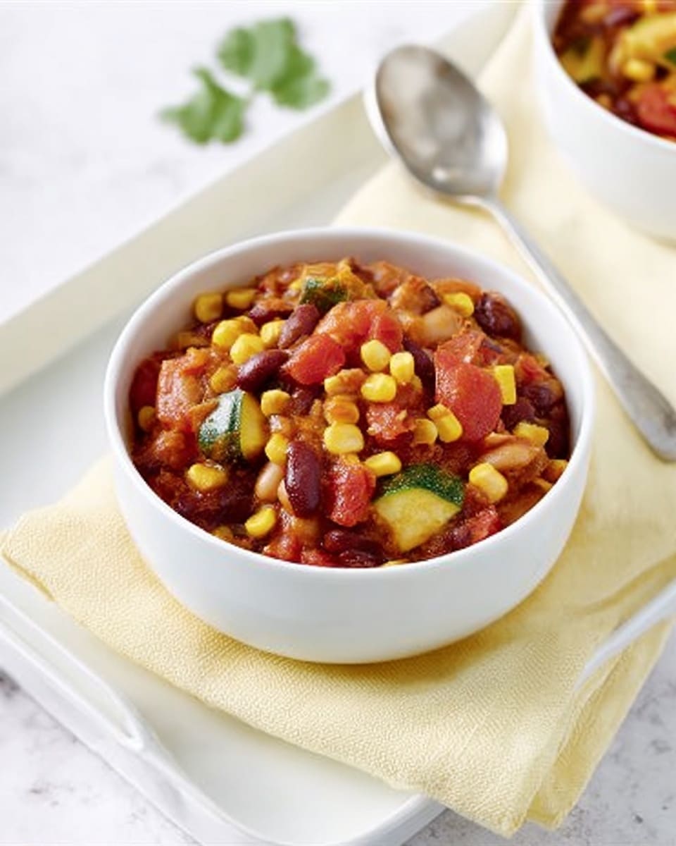The image shows two white bowls placed on a white tray with a yellow napkin underneath the front bowl. Each bowl is filled with a colorful mix of chili or stew, showing layers of red kidney beans, bright yellow corn, chopped red and green bell peppers, chunks of tomatoes, and white beans, all mixed together with a rich red sauce. The bowls sit on a white marbled surface, with a spoon placed beside the front bowl. There is some green garnish, possibly cilantro, blurred in the background. photo taken with an iphone --ar 4:5 --v 7