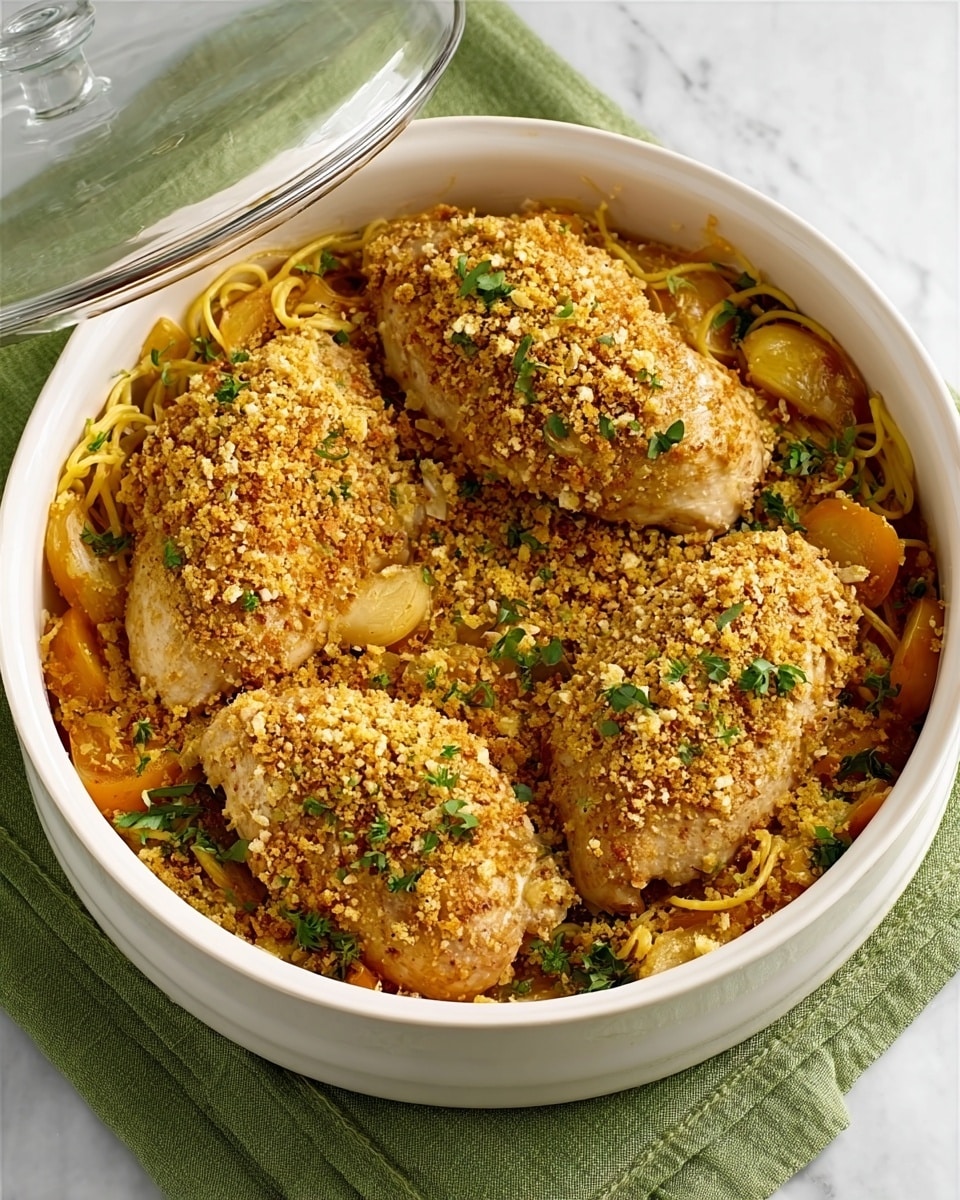 A white round casserole dish filled with three golden-brown chicken breasts coated in a crumbly, textured topping that looks like crushed nuts or breadcrumbs. The chicken pieces sit on a bed of cooked thin yellow noodles, with slices of light orange vegetables, possibly carrots, mixed in. Small green herb leaves are scattered evenly on top for garnish. The dish rests on a green cloth placed over a white marbled surface. Part of the clear glass lid is lifted, showing the food inside clearly. Photo taken with an iphone --ar 4:5 --v 7