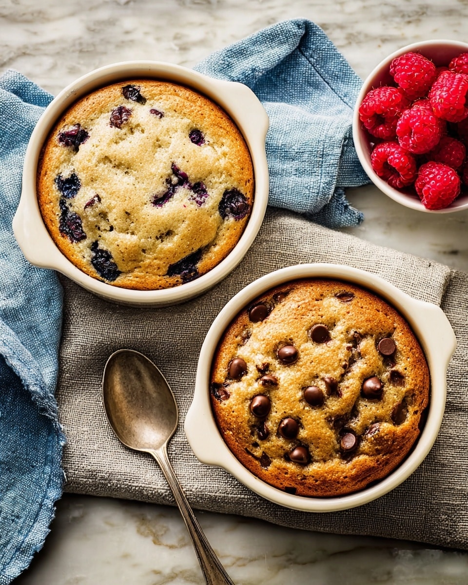 Two small round white bowls each filled with a baked dessert; the left one has a light brown surface with dark purple blueberries baked inside, showing some soft, cracked texture. The right bowl contains a similar baked dessert but with melted brown chocolate chips visible on the surface. Both bowls sit on a rustic wooden surface with a light blue cloth partially under the right bowl and a light gray cloth under an antique silver spoon placed near the left bowl. A small white bowl filled with fresh red raspberries is in the upper left corner. Photo taken with an iphone --ar 4:5 --v 7