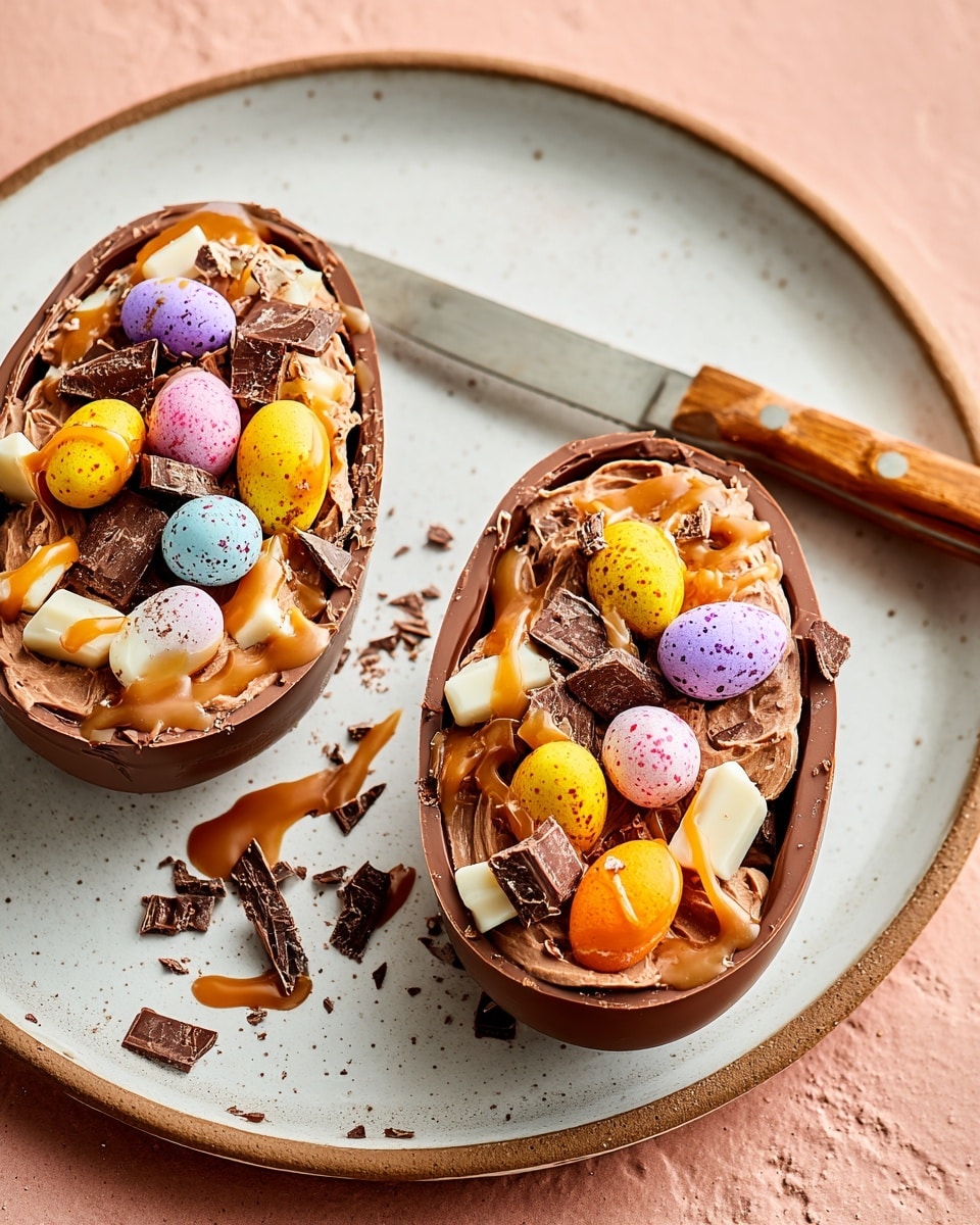 Two chocolate egg halves sit on a white plate with a light brown rim, placed on a white marbled surface. Each egg half is filled with multiple layers: a solid chocolate base shaped like an egg shell, topped with white chocolate pieces, small colorful speckled candy eggs in pastel shades of purple, yellow, and pink, and broken pieces of milk and dark chocolate scattered on top. Drizzles of caramel sauce are spread over the left egg half, adding a shiny texture. A knife with a wooden handle rests next to the right egg half on the plate. Photo taken with an iphone --ar 4:5 --v 7