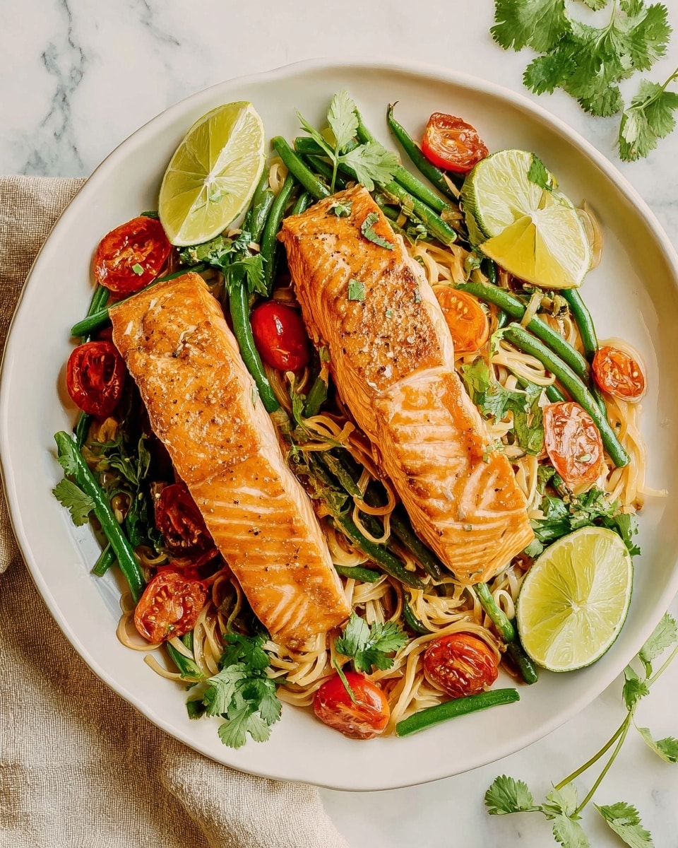 A white plate holds a fresh dish with two large, golden-brown grilled salmon fillets placed side by side on top. Underneath the salmon is a mix of thin light beige noodles, bright green long beans, and cut red cherry tomatoes, all tossed with fresh green cilantro leaves scattered across. Four bright green lime wedges are placed around the edges of the plate, adding color contrast. The plate is set on a soft, off-white cloth and a white marbled surface is visible underneath. photo taken with an iphone --ar 4:5 --v 7