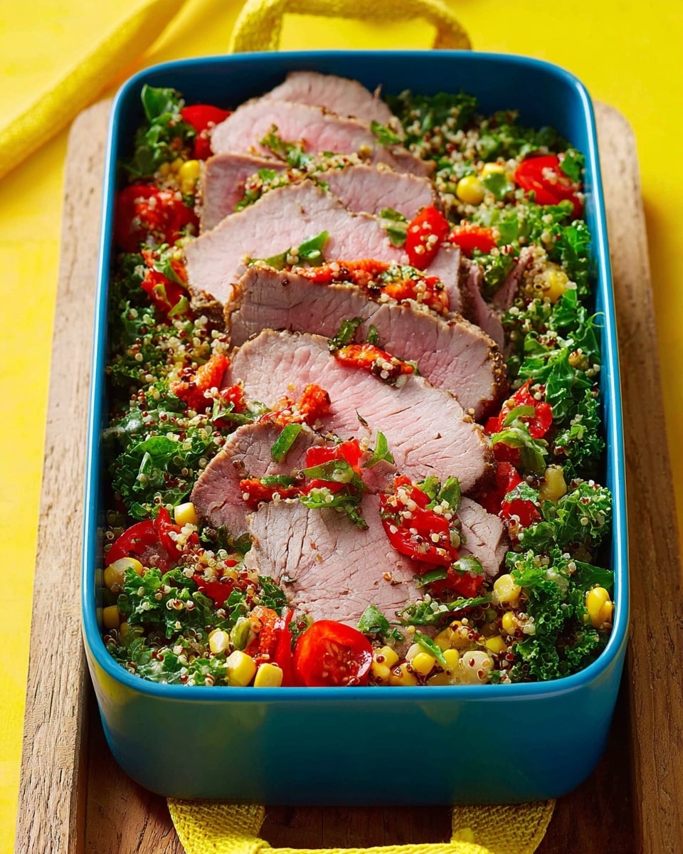 A blue rectangular container holds a fresh meal with three main visible layers. At the bottom, there is a base of cooked quinoa mixed with chopped yellow corn and small leafy kale pieces, showing green and yellow colors with a grainy texture. On top of that, bright red cherry tomato halves are spread, adding round shapes and a juicy look. The top layer consists of several slices of roasted beef, light pink inside with a slightly browned crust, neatly laid across the container from left to right. These meat slices are topped with small diced red bell peppers and sprinkled with finely chopped green herbs and seasoning that add speckled red and green colors. The container sits on a small wooden board over a white marbled surface. Photo taken with an iphone --ar 4:5 --v 7