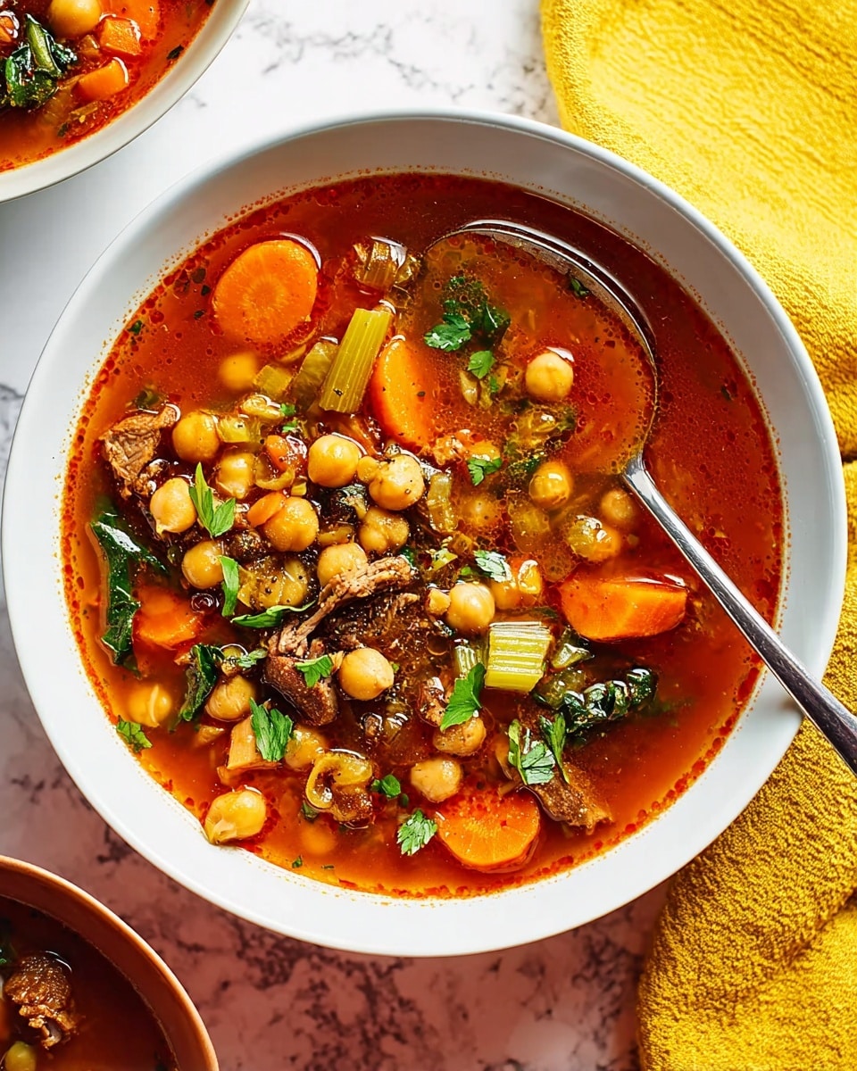 A white bowl is filled with a rich, reddish-brown broth soup that contains visible layers of ingredients including chunks of cooked meat, light tan chickpeas, small orange carrot cubes, and pale yellow-green celery pieces. There are fresh green parsley leaves scattered on top adding a fresh touch. A silver spoon is placed inside the bowl, resting against the side, with part of its handle visible. The bowl sits on a white marbled surface next to a yellow cloth and a small part of another white bowl with a gray interior is visible in the top right corner. photo taken with an iphone --ar 4:5 --v 7