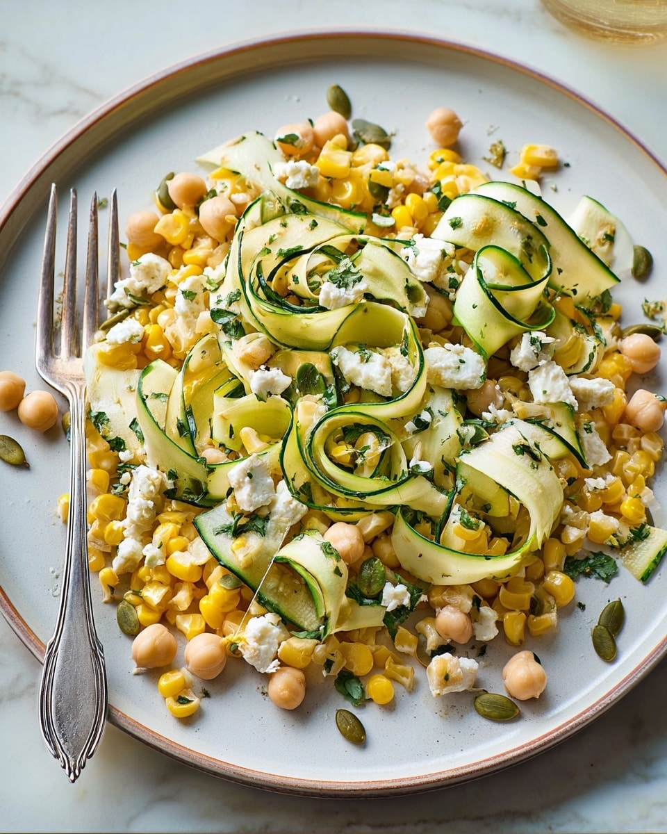 The dish is a fresh salad served on a white plate with a slight shine and natural edge. The base layer consists of pale yellow corn kernels scattered across the plate. On top of the corn, there are round, light beige chickpeas evenly spread. Over the chickpeas, thin, wide ribbons of green zucchini curl gently, adding an airy and fresh texture. White chunks of soft cheese are scattered throughout, adding creamy contrast. Small green leaves of chopped parsley are sprinkled evenly across all the layers with a few pumpkin seeds adding texture. A silver fork rests on the plate, knife side up, near the edge on the left side. The plate sits on a white marbled surface. photo taken with an iphone --ar 4:5 --v 7