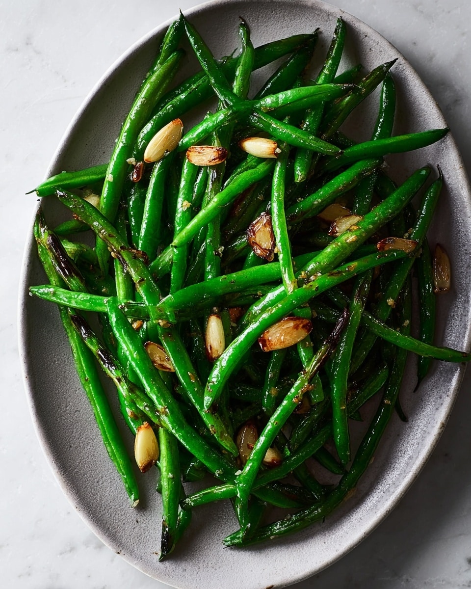 A close-up of a dark gray round plate filled with cooked green beans that are shiny and bright green, mixed with slices of golden brown garlic cloves scattered on top, all placed on a white marbled surface background. photo taken with an iphone --ar 4:5 --v 7