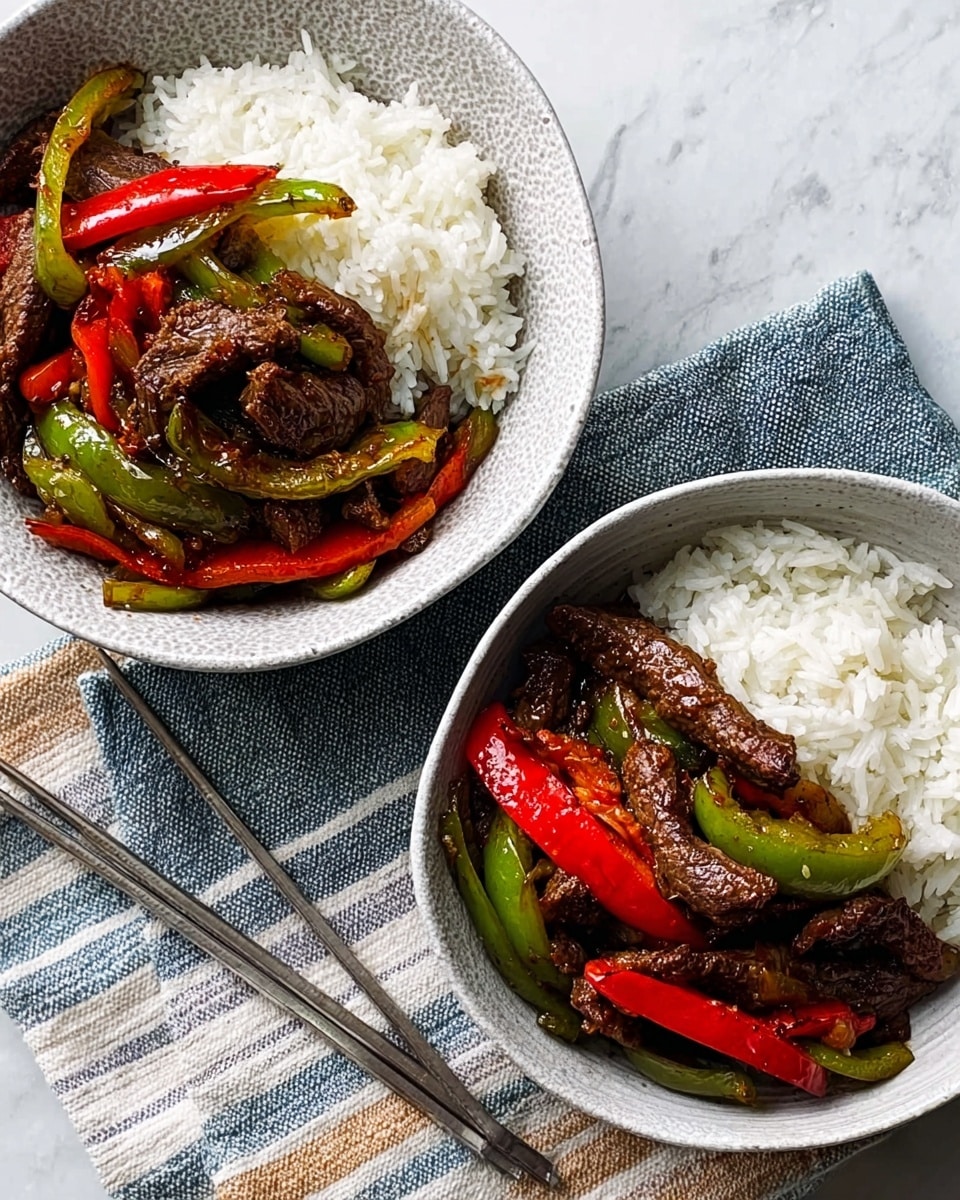 Two white bowls sit side by side on a white marbled surface with a light blue striped cloth beneath them. Each bowl contains three distinct layers: a portion of fluffy white rice on one side, tender pieces of dark brown beef strips mixed with caramelized onions, and colorful slices of cooked green and red bell peppers, all arranged neatly. A pair of shiny metal chopsticks rests between the bowls. The scene has a clean, simple look with the bright food colors standing out against the neutral bowls and background. photo taken with an iphone --ar 4:5 --v 7