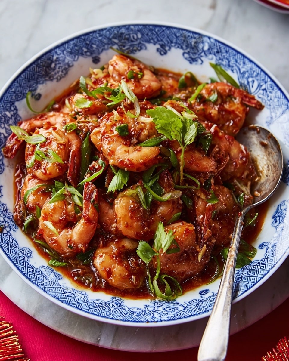 A white plate with blue patterns holds a pile of cooked shrimp covered in a reddish sauce with bits of chili and spices visible. The shrimp are mixed with small green onion slices and green herb leaves scattered on top. A silver spoon rests on the edge of the plate with some sauce on it. The plate sits on a white marbled surface with soft lighting. photo taken with an iphone --ar 4:5 --v 7