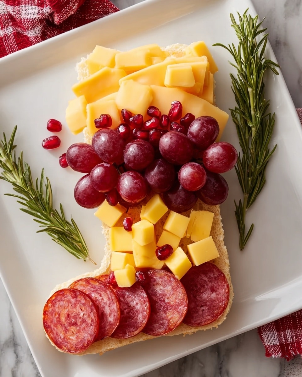 A white square plate holds a layered snack shaped like a Christmas stocking. The base layer is a pale, creamy slice of bread or cracker cut into the stocking shape. On top, there is a layer of thin rectangular slices of yellow cheese placed at the stocking's top cuff area. Below this, small bright red pomegranate seeds are scattered on the cheese. Inside the stocking shape, there is a pile of round, shiny dark red grapes. Around the grapes, small cubes of yellow cheese are arranged, mixed with circular slices of dark red salami. A fresh green rosemary sprig rests diagonally across the yellow cheese cuff, adding a touch of green to the arrangement. The plate sits on a white marbled surface. Photo taken with an iphone --ar 4:5 --v 7