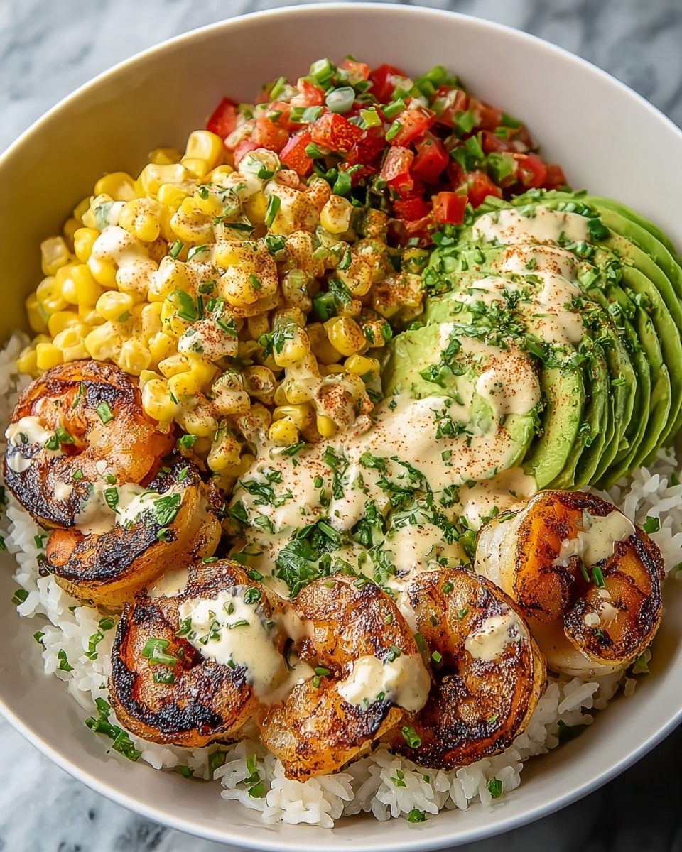A white bowl filled with a base layer of white rice with a slightly fluffy texture. On top of the rice, there are six grilled shrimp arranged in a row, showing a golden-brown char with green herb sprinkles and light sauce drizzles. Next to the shrimp, there is a smooth and creamy layer of mashed avocado topped with sliced avocado fanned out, accented by some light red seasoning and more drizzled sauce. Adjacent to the avocados, a mound of yellow corn kernels mixed with chopped green onions and fresh green herbs is placed. In the center, small, diced pieces of red bell pepper and green scallions add a pop of color. The entire bowl sits on a white marbled surface. Photo taken with an iphone --ar 4:5 --v 7