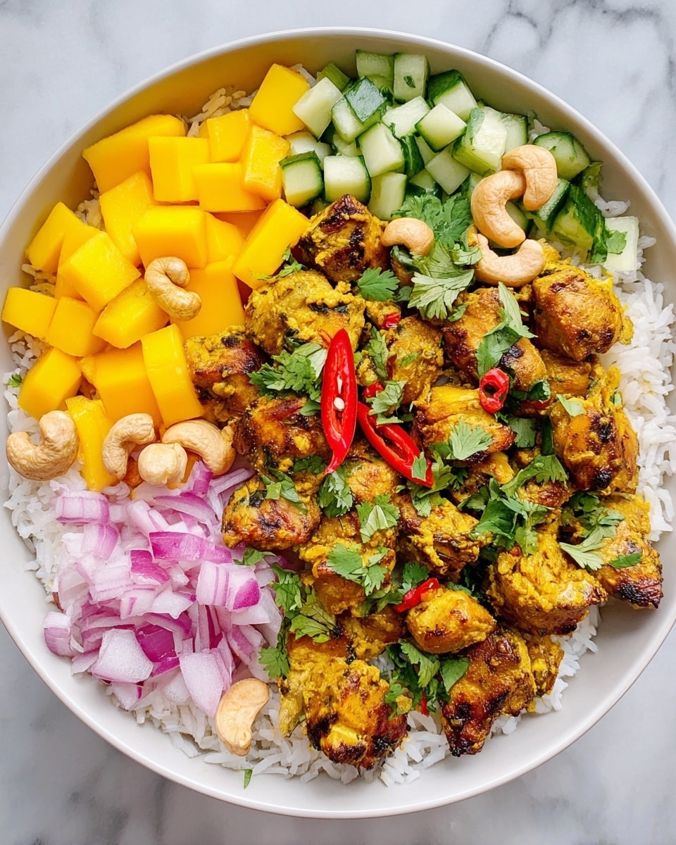 A white bowl sits on a white marbled surface, filled with a colorful layered dish. The base layer is white rice, spread evenly across the bowl. On top, there are browned, marinated chicken pieces coated in a yellow curry sauce, scattered throughout the middle. Around the chicken, there are bright yellow chunks of mango on one side, vibrant red slices of bell pepper mixed with cilantro, purple-red sliced onions, and fresh green cucumber pieces mixed with herbs. Cashew nuts are sprinkled over the dish, adding texture and contrast. The dish looks fresh and vibrant with a mix of warm and cool colors. photo taken with an iphone --ar 4:5 --v 7