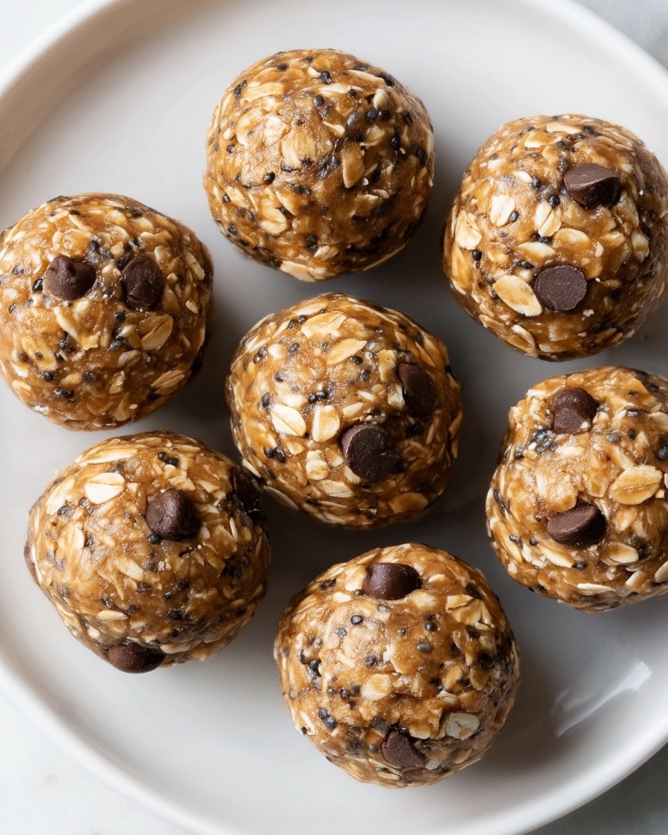 The image shows seven round energy balls arranged on a white plate over a white marbled surface. Each ball consists of three visible layers mixed together: light brown sticky dough acting as the base, embedded with beige rolled oats and small black chia seeds scattered evenly throughout, and dark brown chocolate chips unevenly spread in each ball. The texture looks dense and slightly glossy, with the oats and seeds giving a rough appearance on the surface. photo taken with an iphone --ar 4:5 --v 7