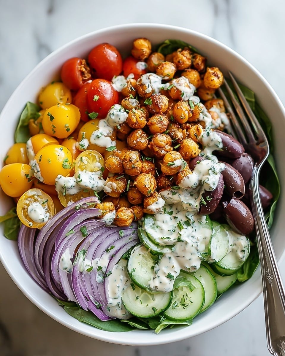 A white bowl holds a layered vegetable and chickpea salad arranged in sections. At the base are fresh green spinach leaves, topped with crispy golden-brown roasted chickpeas spread in the middle. To one side, there are bright yellow and red cherry tomatoes with a slight roasted texture. On the opposite side, thin cucumber slices with light green edges sit next to rings of fresh purple-red onion. Dark purple olives are nestled near the chickpeas. A creamy white sauce with green herb specks is drizzled generously over the top, lightly covering the chickpeas, tomatoes, onions, and cucumbers. A silver fork rests on the bowl’s edge. The bowl is placed on a white marbled texture surface. photo taken with an iphone --ar 4:5 --v 7