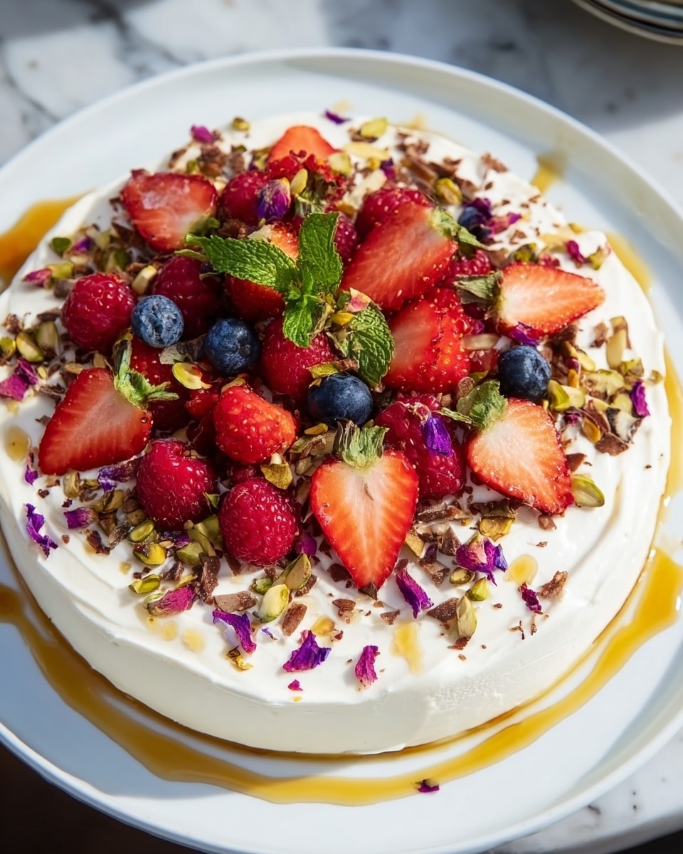 A white plate holds a layered dessert starting with a thick base of white whipped cream spread smoothly but with visible swirls around the edges. On top, there is a scattered mix of crushed pistachios, chocolate bits, and small rose petals adding texture and color. The dessert is adorned with whole raspberries, blueberries, and halved strawberries placed mainly in the center, bright red and blue fruits contrasting with the cream. Fresh green mint leaves are artfully arranged among the berries. A shiny, golden syrup is drizzled in a circle around the outer edge of the cream. All this sits on a white marbled texture surface. Photo taken with an iphone --ar 4:5 --v 7