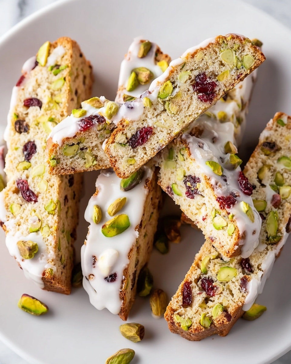 A white plate holds six pieces of sliced biscotti stacked loosely on each other. Each biscotti piece has a light beige, crunchy texture with visible chopped green pistachios and dark red dried cranberries mixed inside. A thin layer of white icing is drizzled over the top of each slice, adding a glossy finish. Some chopped pistachios are scattered around the plate, giving extra color and texture. The plate sits on a white marbled surface. photo taken with an iphone --ar 4:5 --v 7