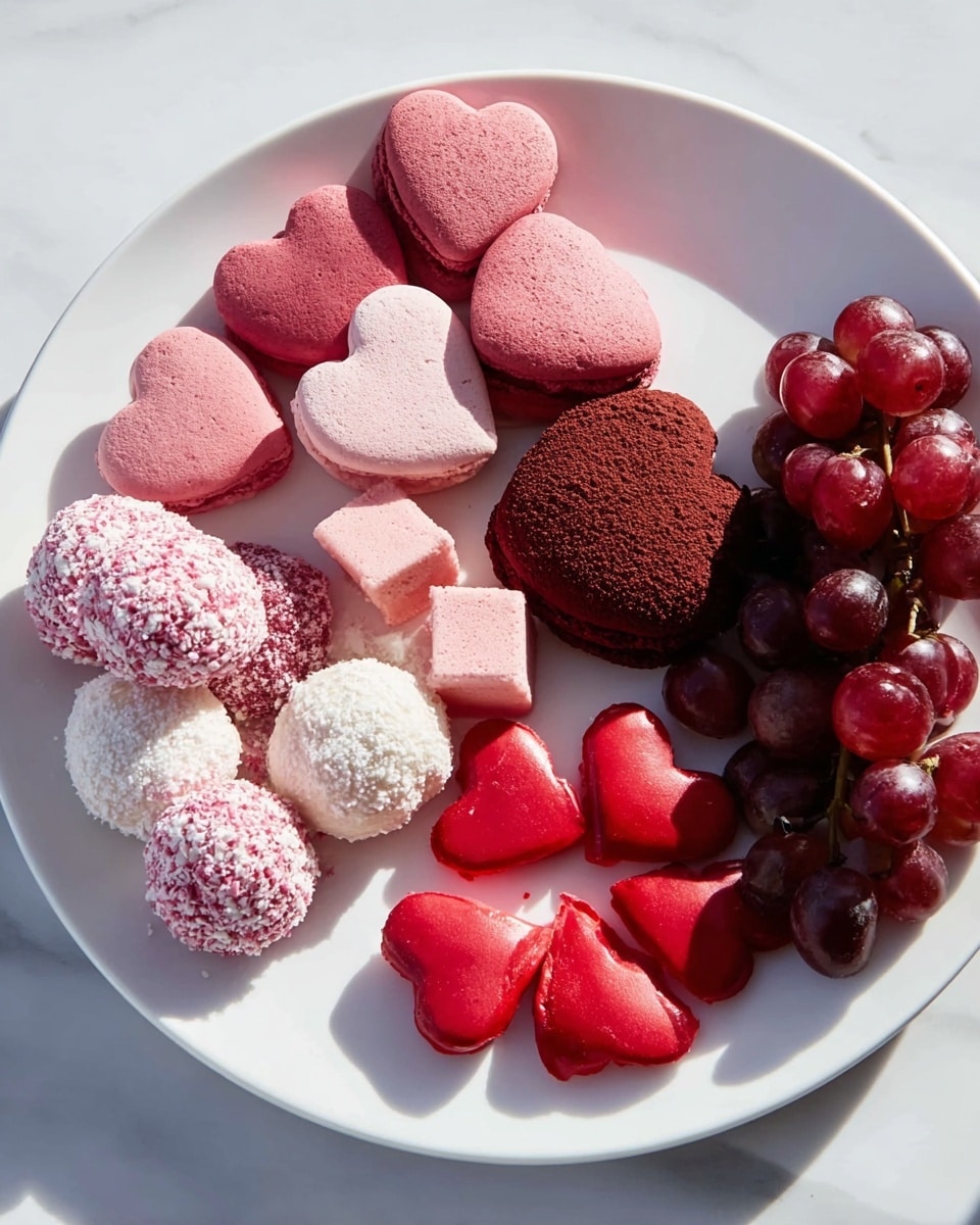 A white plate filled with an assortment of heart-shaped sweets and fruits arranged carefully. At the top are several pink heart-shaped macarons, some with a slightly rough texture and some smooth. Below and to the right are heart-shaped treats coated half in dark chocolate powder, showing a rich, dark brown color on one side while the other side remains red. On the left edge, round balls coated with pink and white sprinkles sit next to a single pale pink cube-shaped marshmallow. At the bottom center, a cluster of shiny, red heart-shaped candies create a glossy texture. Finally, on the bottom right corner, a small bunch of purple and reddish grapes adds a fresh fruit touch. All items rest on a white marbled surface, bright and softly lit, photo taken with an iphone --ar 4:5 --v 7