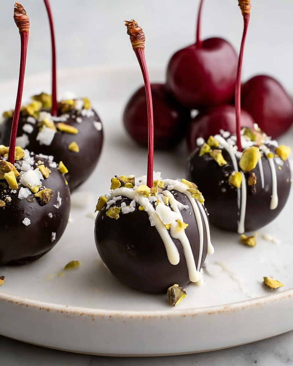 Five cherries are arranged on a white plate with a white marbled surface visible below the plate. Three cherries are fully covered with smooth, dark brown chocolate and decorated with rough, light green crushed pistachios and small white flakes on top. White chocolate is drizzled in thin, uneven lines over these chocolate-covered cherries. Two cherries remain plain with their deep red shiny skin visible and no coating. Each cherry has a long, thin dark red stem extending upward from the top. The lighting is soft, highlighting the glossy textures of the chocolate and cherries. photo taken with an iphone --ar 4:5 --v 7