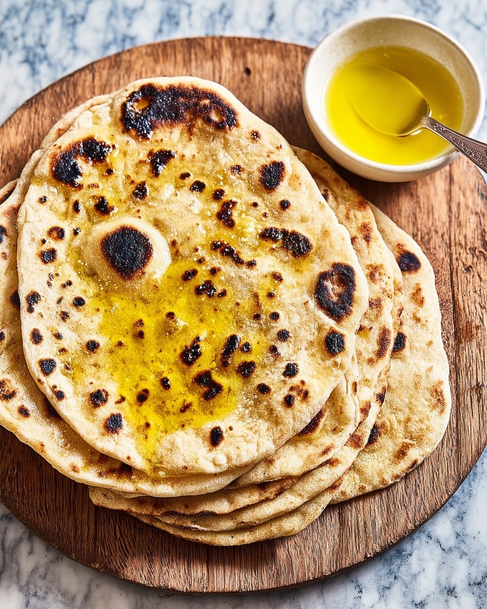 A stack of five round, flat breads with light brown color and dark charred spots is placed on a wooden board. The top flat bread has a shiny, uneven spread of melted butter or oil, giving it a glossy yellow patch. To the left of the board, there is a white bowl with a bright yellow liquid and a metal spoon resting inside, all set against a white marbled texture. The flat breads have a soft and slightly rough texture with small raised bubbles and uneven edges. photo taken with an iphone --ar 4:5 --v 7