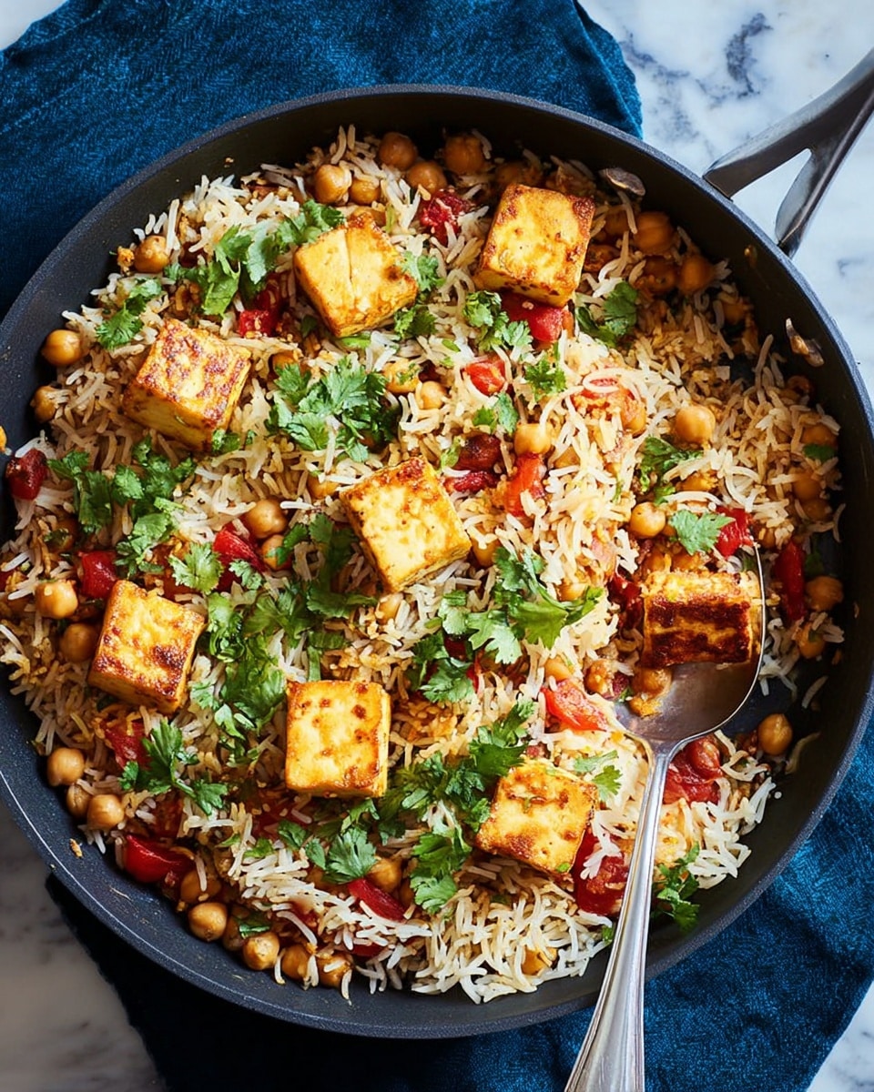 A black pan filled with a colorful dish showing three main layers: at the bottom, a base of long, fluffy white rice mixed with red bits of cooked tomato pieces; scattered chickpeas add small round beige shapes throughout the rice; large, square chunks of light golden-yellow paneer cheese are distributed on top, giving a soft texture look; the entire dish is sprinkled generously with fresh green chopped cilantro leaves on top, adding a bright green color contrast; a large silver spoon is resting inside the pan partly scooping some rice; the pan sits on a dark blue cloth placed over a white marbled surface. photo taken with an iphone --ar 4:5 --v 7