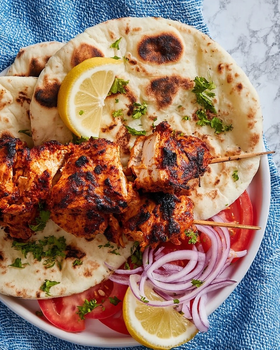 The image shows a white plate on a white marbled surface with two pieces of grilled chicken on skewers, covered in a reddish-brown charred marinade with visible grill marks. Underneath and beside the chicken, there is soft, toasted flatbread with dark golden spots. On the left side of the plate, there is a fresh salad made of thinly sliced red onions, chopped tomatoes, and green parsley leaves, adding vibrant red, purple, and green colors to the scene. Two lemon wedges are placed on top of the flatbread near the grilled chicken, adding a touch of yellow to the dish. Photo taken with an iphone --ar 4:5 --v 7