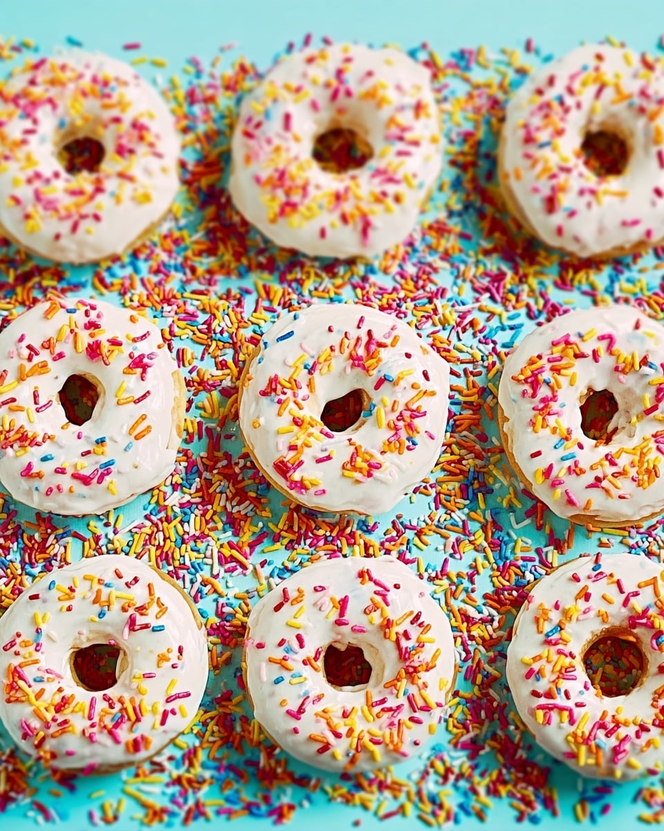 The image shows twelve white-frosted donuts with colorful sprinkles spread all over them, placed neatly on a flat light blue surface. The donuts are arranged in four rows of three, and the sprinkles create a thick carpet under and around the donuts in bright colors like pink, yellow, orange, and purple. The frosting on each donut looks smooth and creamy, slightly shiny under the light. The background has been changed to a white marbled texture. Photo taken with an iphone --ar 4:5 --v 7
