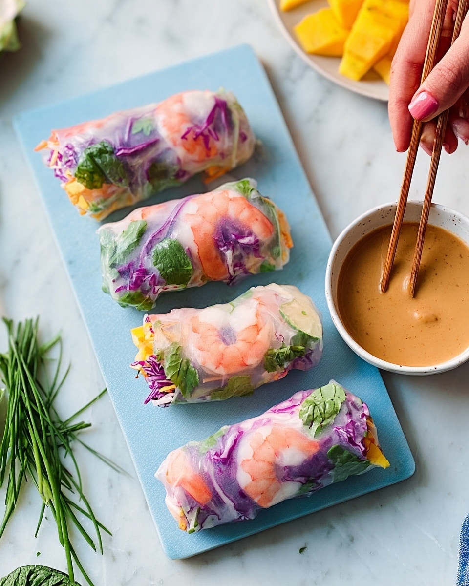Four translucent spring rolls are placed on a light blue rectangular board on a white marbled surface. Each roll displays colorful layers inside: pale pink shrimp, green mint leaves, thin purple cabbage slices, and white rice noodles, creating a fresh, layered look. To the side is a small white bowl filled with creamy orange dipping sauce. A woman's hand reaches toward the bowl, and some chives and a few mint leaves rest casually nearby. A small pile of yellow mango pieces is visible beside the board. photo taken with an iphone --ar 4:5 --v 7