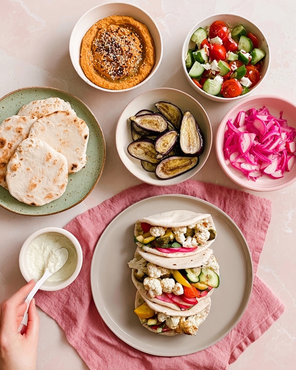 The image shows a meal setup with several white bowls and plates on a soft pink cloth over a white marbled surface. Starting from the top left, a white bowl holds a thick brown and orange spicy mix with visible seeds. To its right, a white bowl is filled with a fresh salad made of bright red tomatoes, green cucumbers, and white cheese cubes. Below it, another white bowl contains grilled slices of dark purple eggplant with a soft, light interior. In the center, a white bowl holds pink and white pickled vegetables. To the left of the bowls, there are four white flatbreads stacked slightly overlapping. At the bottom is a white plate with two folded flatbreads filled with layers of green, red, white, and orange vegetables, and pickled pink slices on top. A small white bowl with white sauce and a spoon rests at the bottom left corner. Photo taken with an iphone --ar 4:5 --v 7