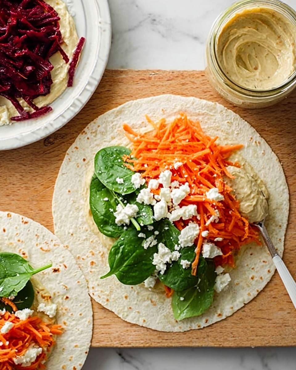 The image shows a close-up of a flat tortilla wrap on a white marbled surface, topped with three distinct layers running horizontally: shredded dark red beets on the left, bright orange shredded carrots in the middle, and fresh dark green spinach leaves on the right. Crumbled white cheese is sprinkled unevenly across the top of all three layers. The tortilla rests on a layer of creamy beige hummus spread evenly underneath. To the side, there is a folded tortilla wrap with similar fillings on a white plate, and below that, an open glass jar filled with hummus is visible. A spoon with some hummus is partially shown at the bottom left. Photo taken with an iphone --ar 4:5 --v 7